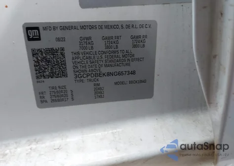 2022 Chevrolet Silverado 1500 4Wd Short Bed Custom из США, поврежденный, VIN 3GCPDBEK8NG657348